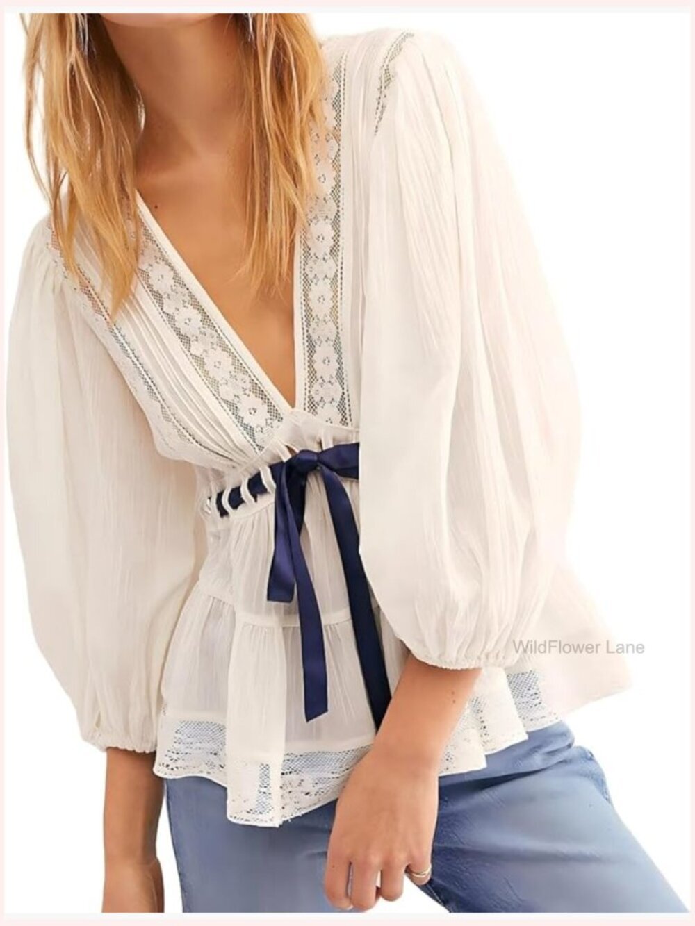 V Neck Puff Sleeve Tunic Blouse Peplum Tie Front Boho Top